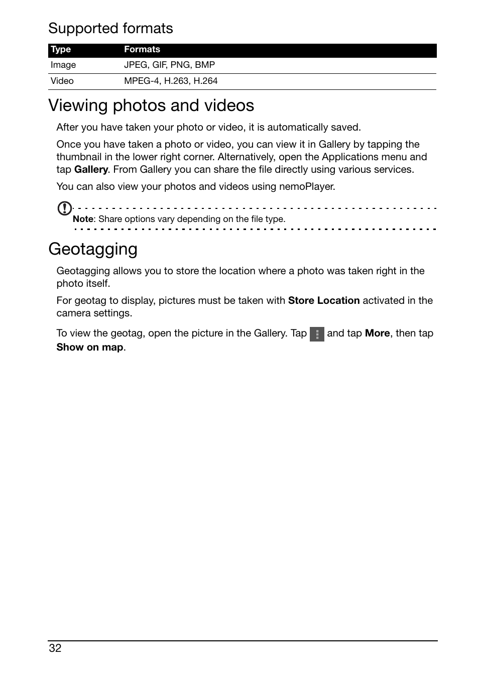 Supported formats, Viewing photos and videos, Geotagging | Viewing photos and videos geotagging | Acer S500 User Manual | Page 34 / 59