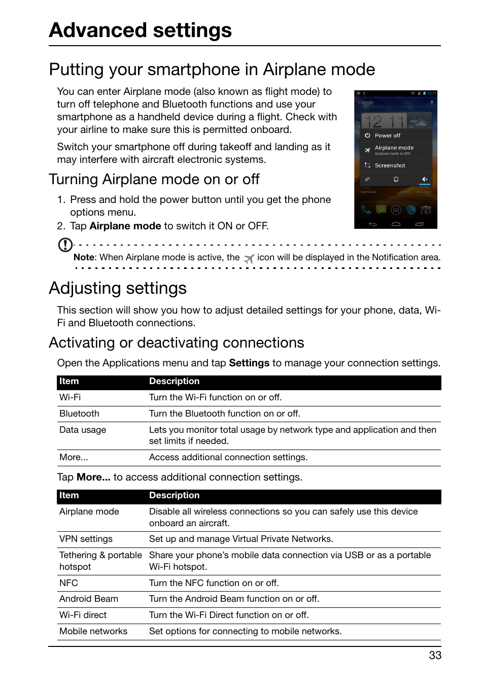 Advanced settings, Putting your smartphone in airplane mode, Turning airplane mode on or off | Adjusting settings, Activating or deactivating connections | Acer S500 User Manual | Page 35 / 59