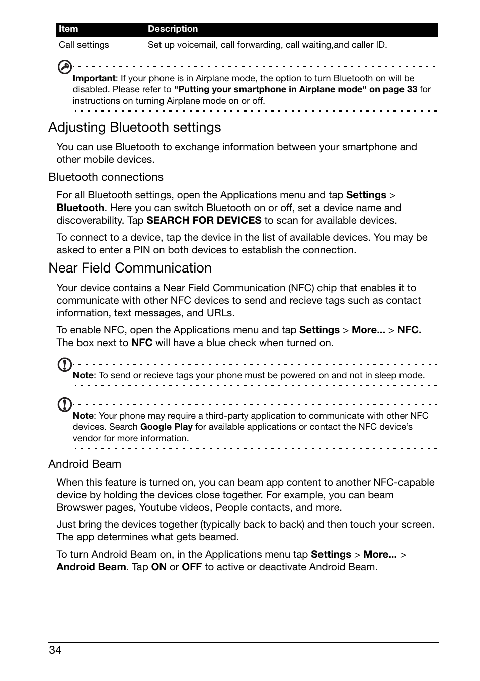 Adjusting bluetooth settings, Near field communication | Acer S500 User Manual | Page 36 / 59