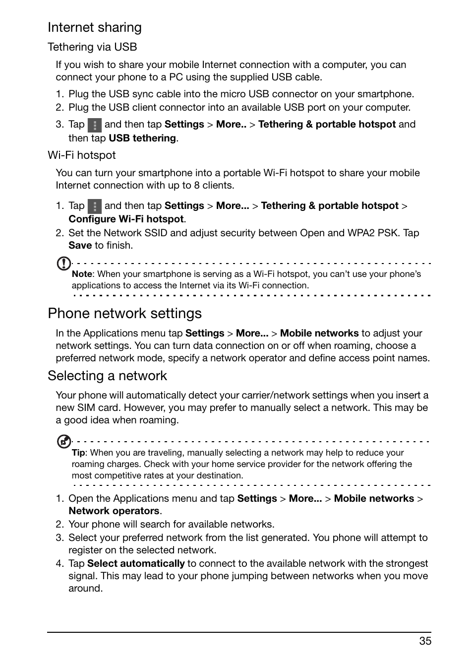 Phone network settings, Internet sharing, Selecting a network | Acer S500 User Manual | Page 37 / 59