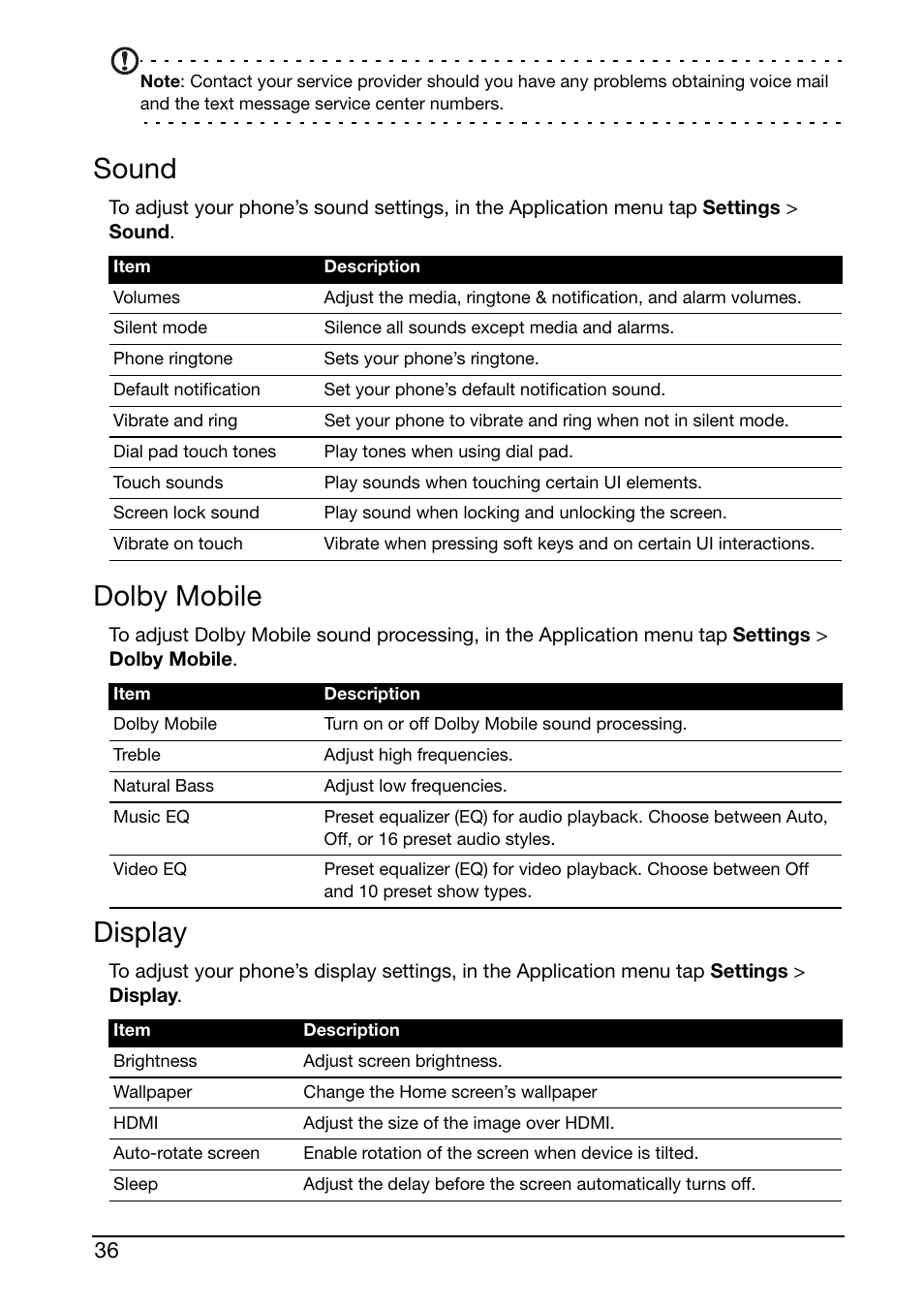 Sound, Dolby mobile, Display | Acer S500 User Manual | Page 38 / 59