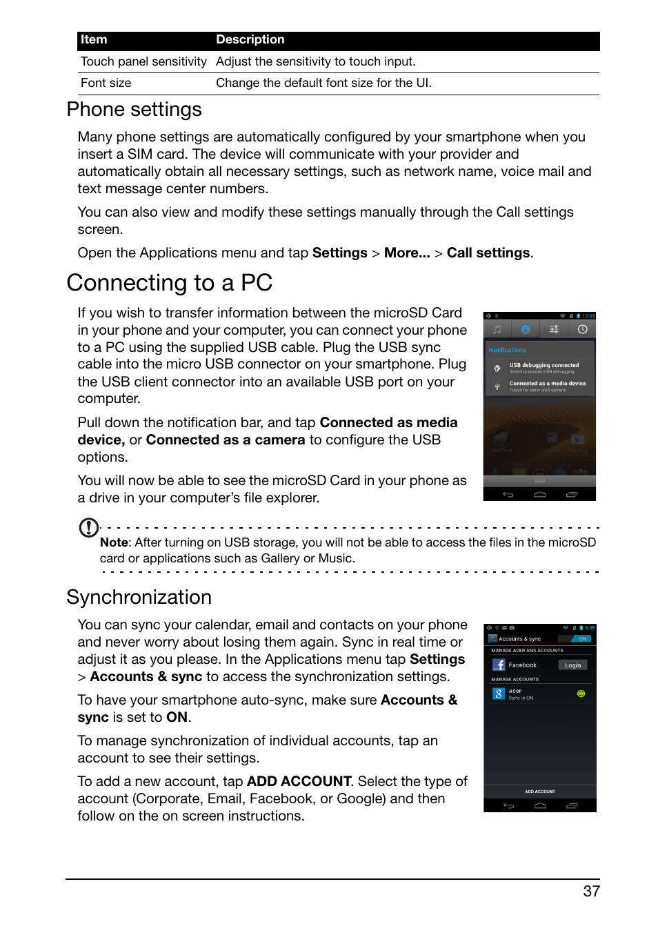 Phone settings, Connecting to a pc, Synchronization | Acer S500 User Manual | Page 39 / 59