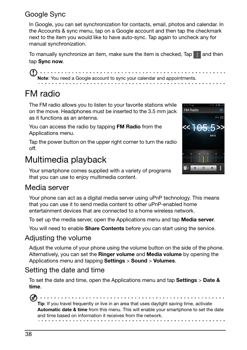 Fm radio, Multimedia playback, Media server | Fm radio multimedia playback, Google sync, Adjusting the volume, Setting the date and time | Acer S500 User Manual | Page 40 / 59