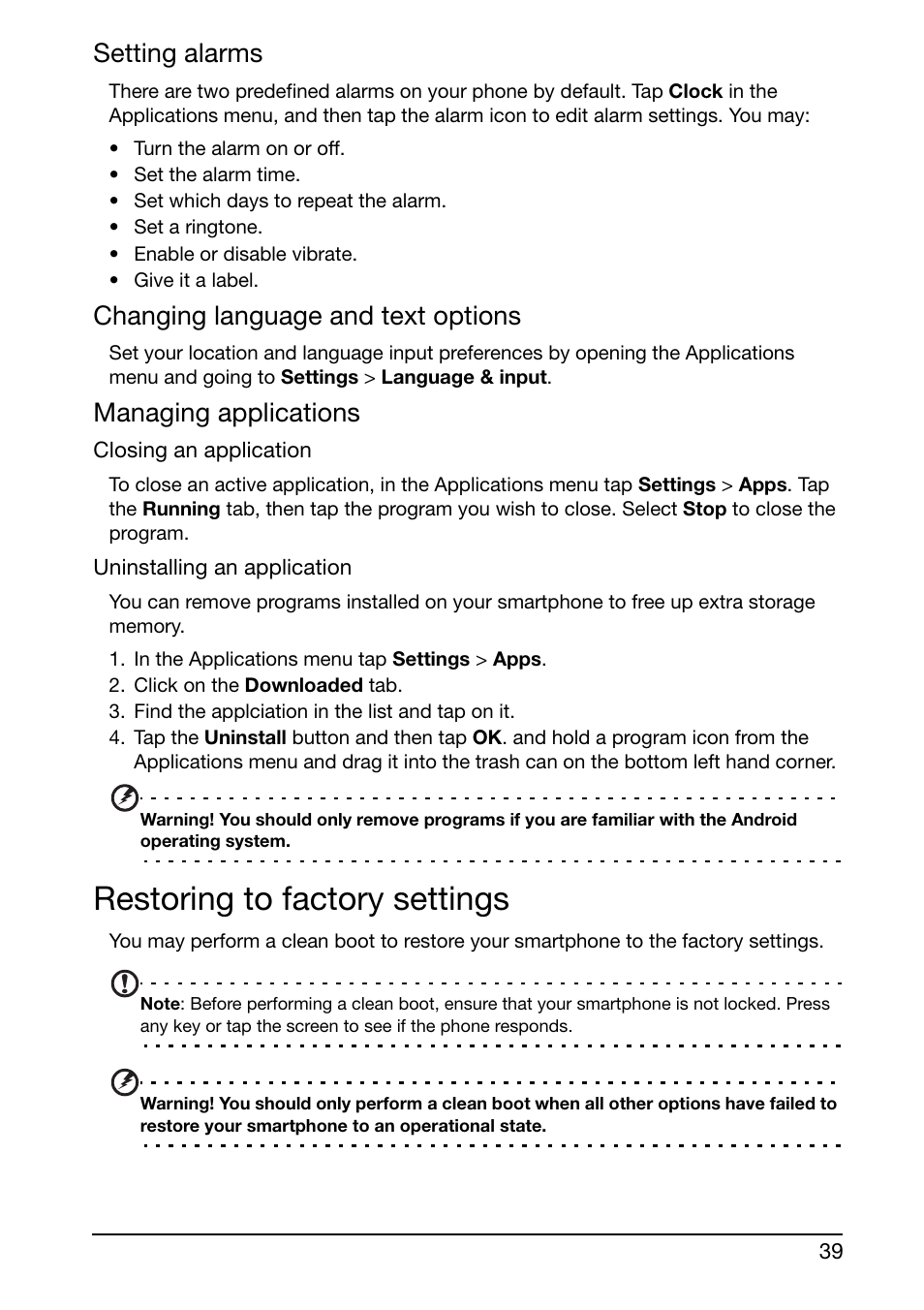 Restoring to factory settings, Setting alarms, Changing language and text options | Managing applications | Acer S500 User Manual | Page 41 / 59