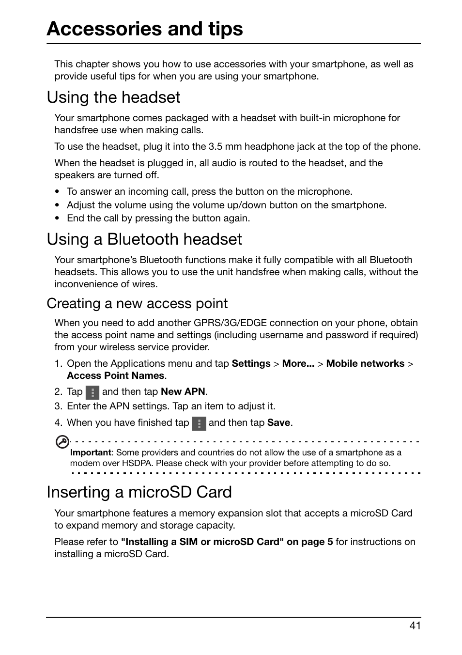 Accessories and tips, Using the headset, Using a bluetooth headset | Creating a new access point, Inserting a microsd card | Acer S500 User Manual | Page 43 / 59