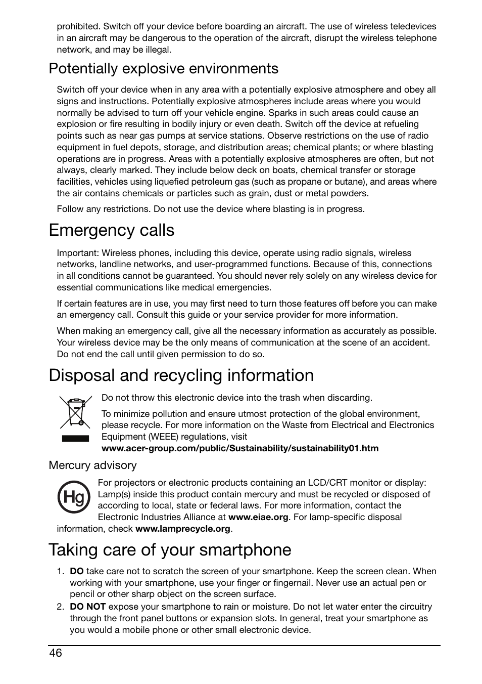 Potentially explosive environments, Emergency calls, Disposal and recycling information | Taking care of your smartphone | Acer S500 User Manual | Page 48 / 59