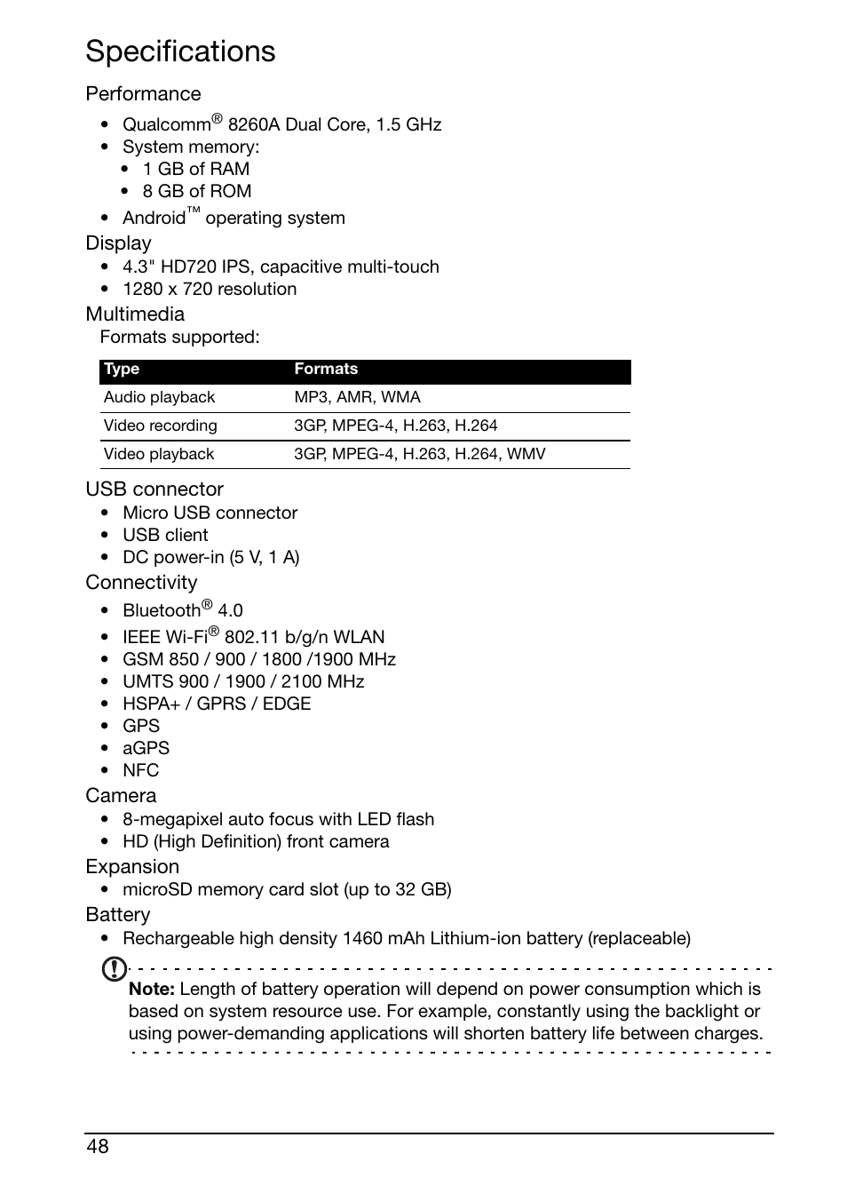 Specifications, Performance, Display | Multimedia, Usb connector, Connectivity, Camera, Expansion, Battery | Acer S500 User Manual | Page 50 / 59