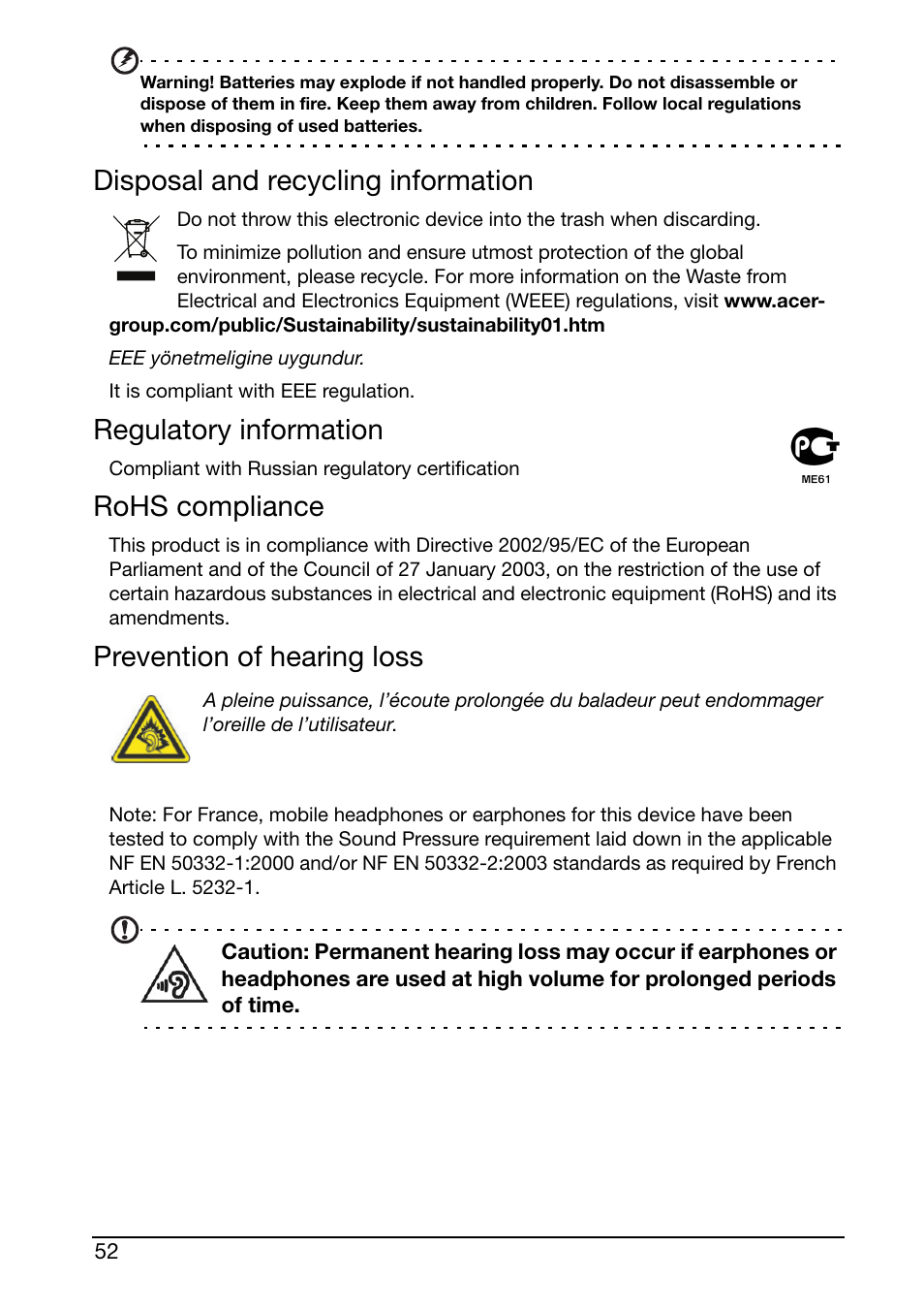 Disposal and recycling information, Regulatory information, Rohs compliance | Prevention of hearing loss | Acer S500 User Manual | Page 54 / 59