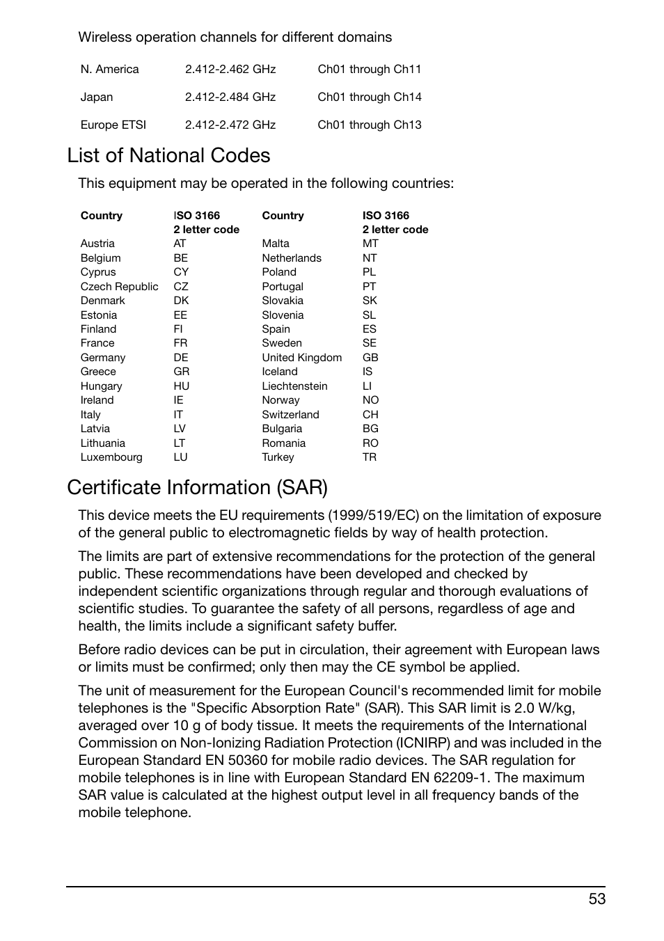 List of national codes, Certificate information (sar) | Acer S500 User Manual | Page 55 / 59