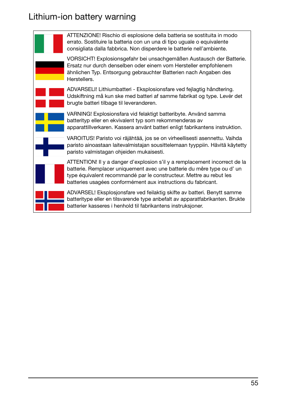 Lithium-ion battery warning | Acer S500 User Manual | Page 57 / 59