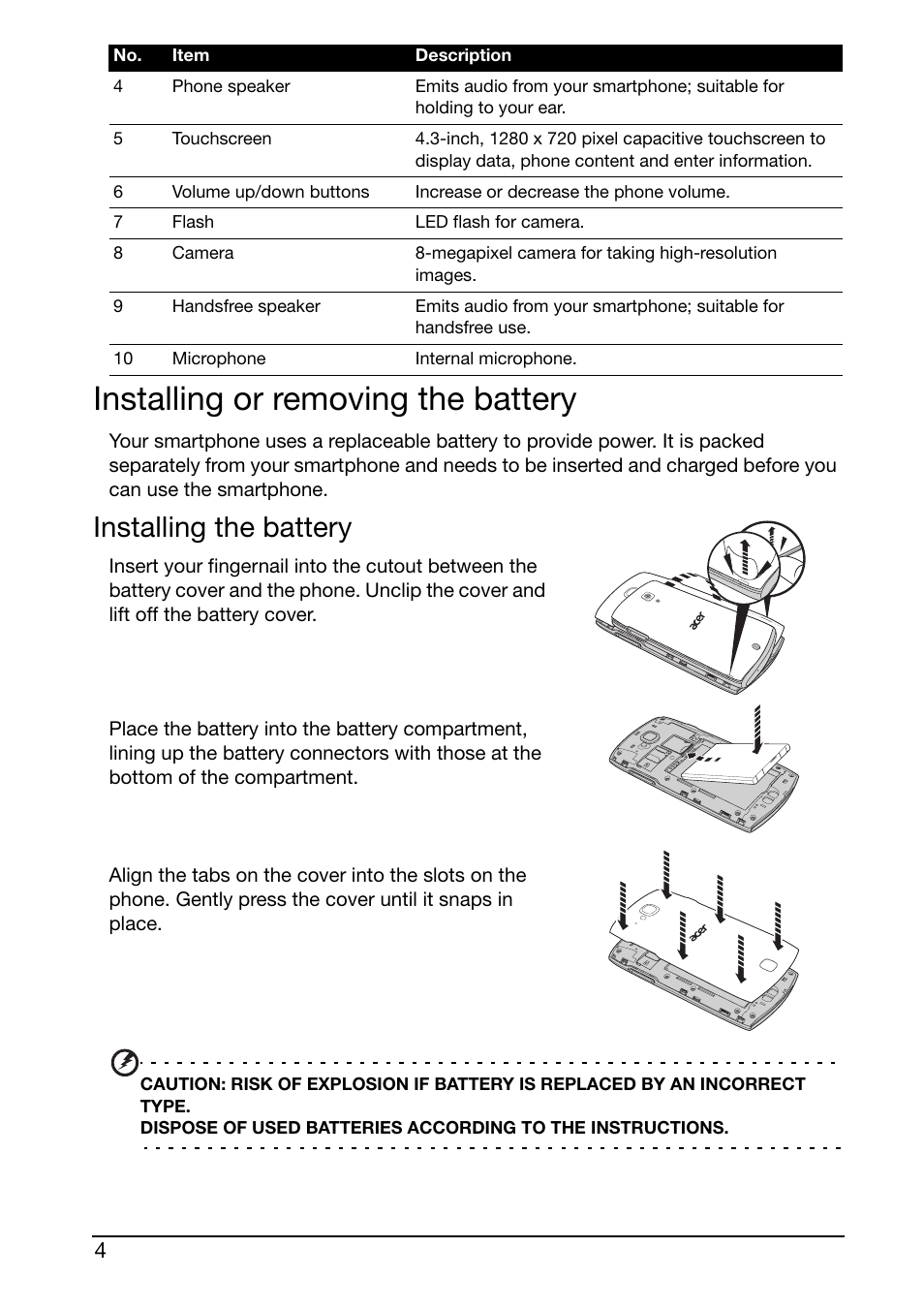 Installing or removing the battery, Installing the battery | Acer S500 User Manual | Page 6 / 59