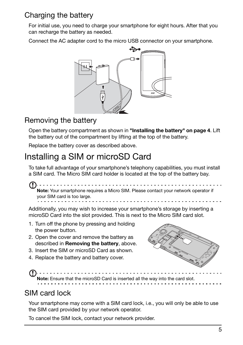 Charging the battery, Removing the battery, Installing a sim or microsd card | Sim card lock | Acer S500 User Manual | Page 7 / 59