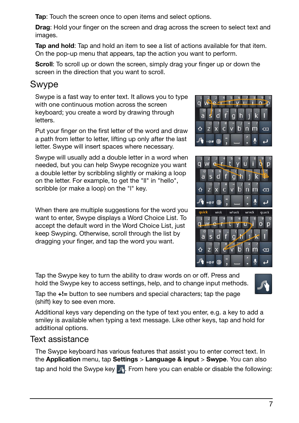 Swype, Text assistance | Acer S500 User Manual | Page 9 / 59