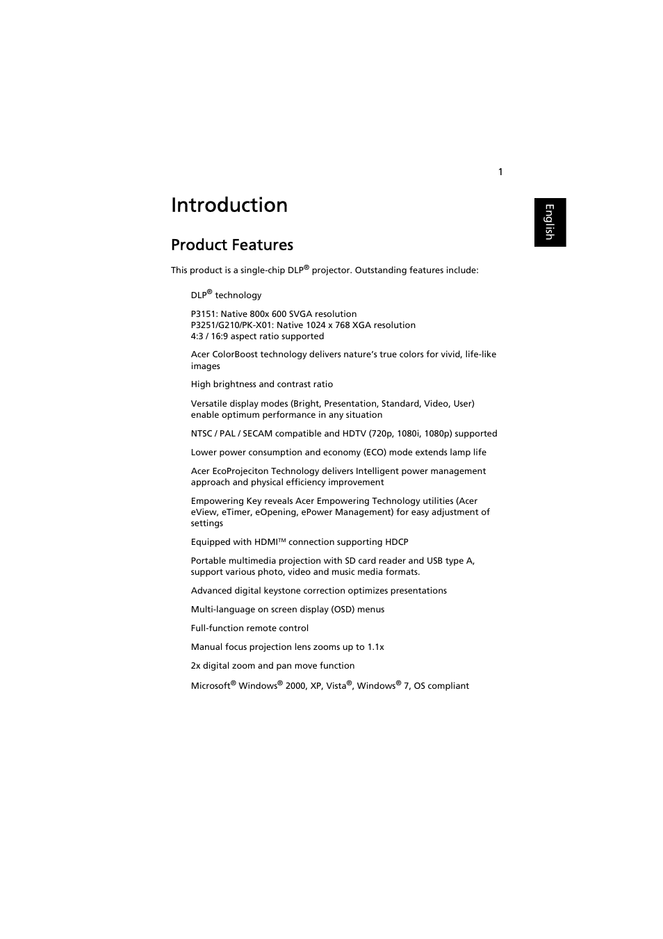 Introduction, Product features | Acer P3251 User Manual | Page 11 / 54