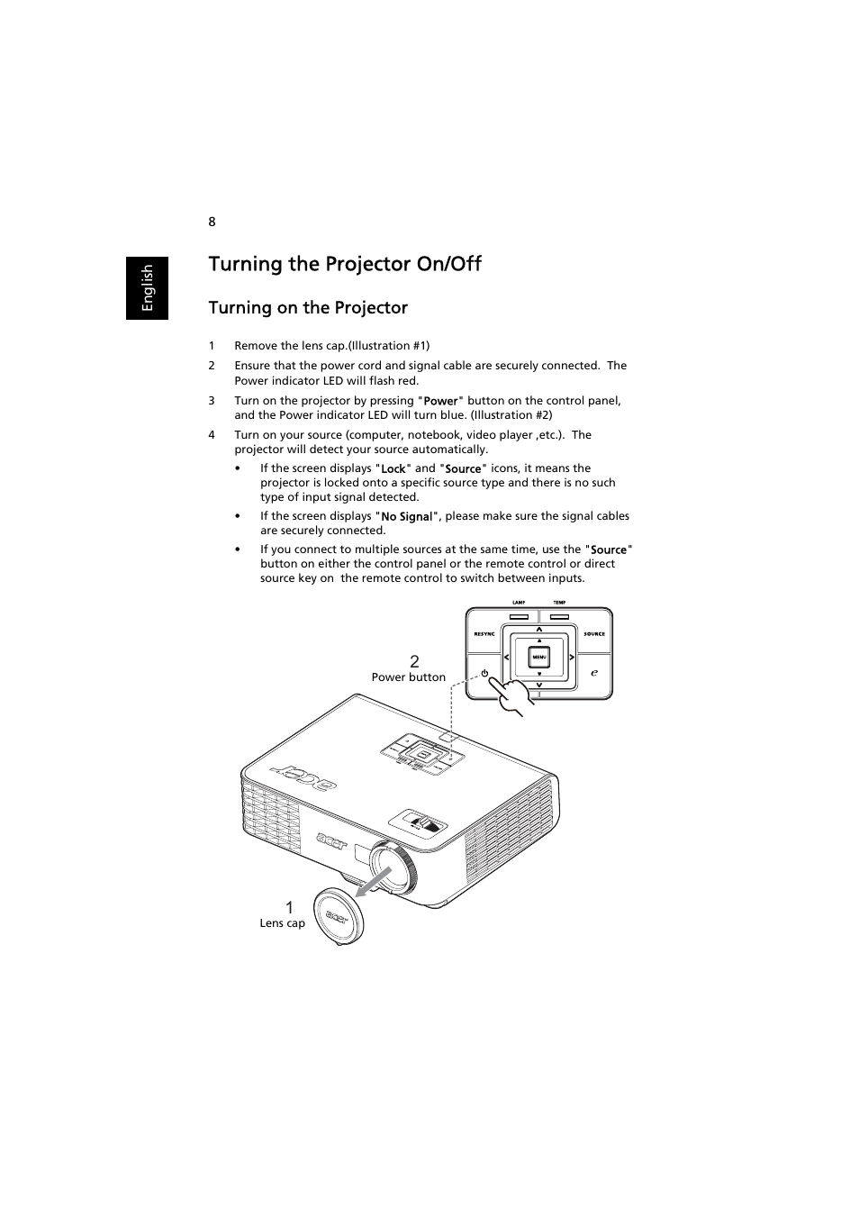 Turning the projector on/off, Turning on the projector | Acer P3251 User Manual | Page 18 / 54