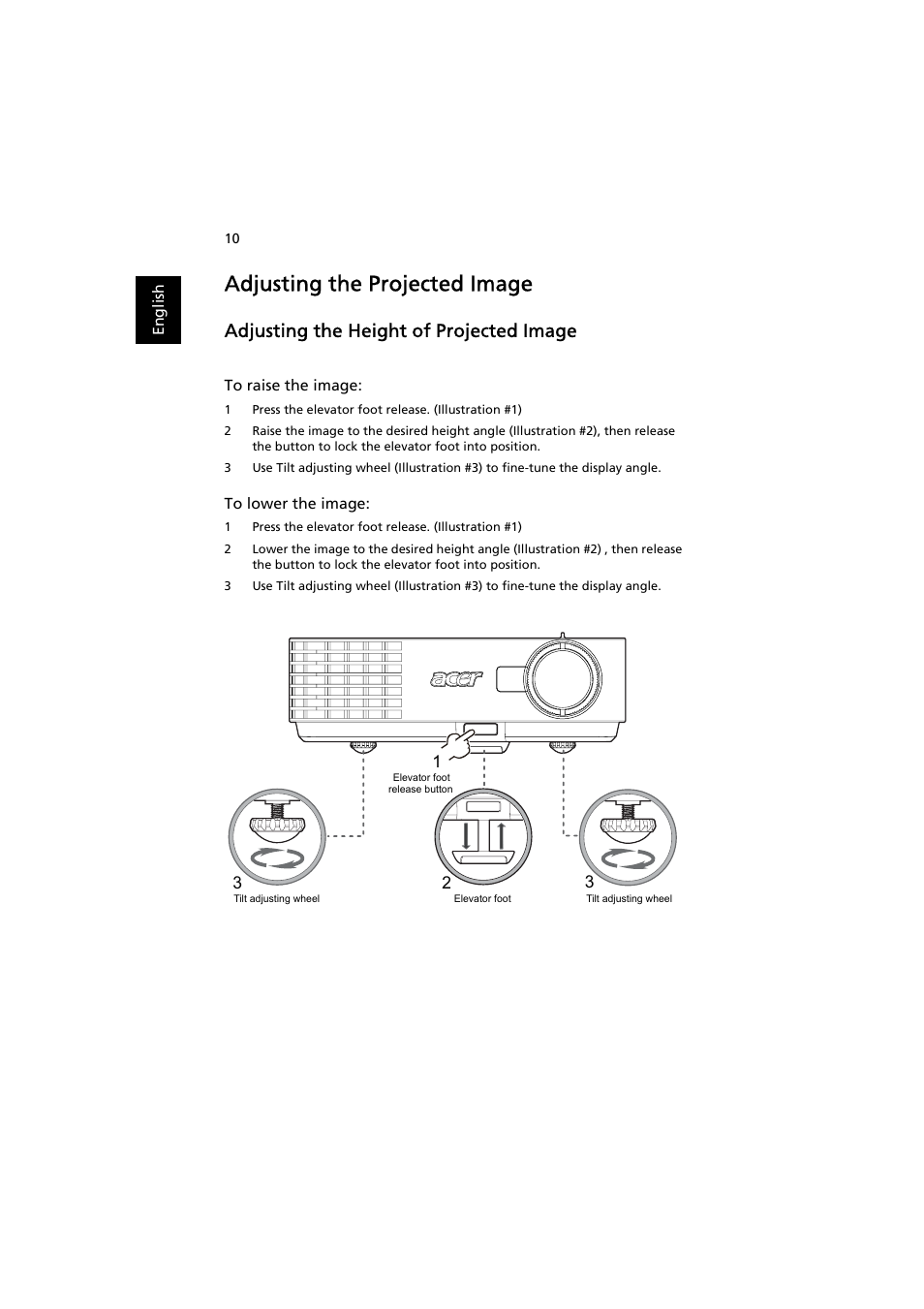 Adjusting the projected image, Adjusting the height of projected image | Acer P3251 User Manual | Page 20 / 54