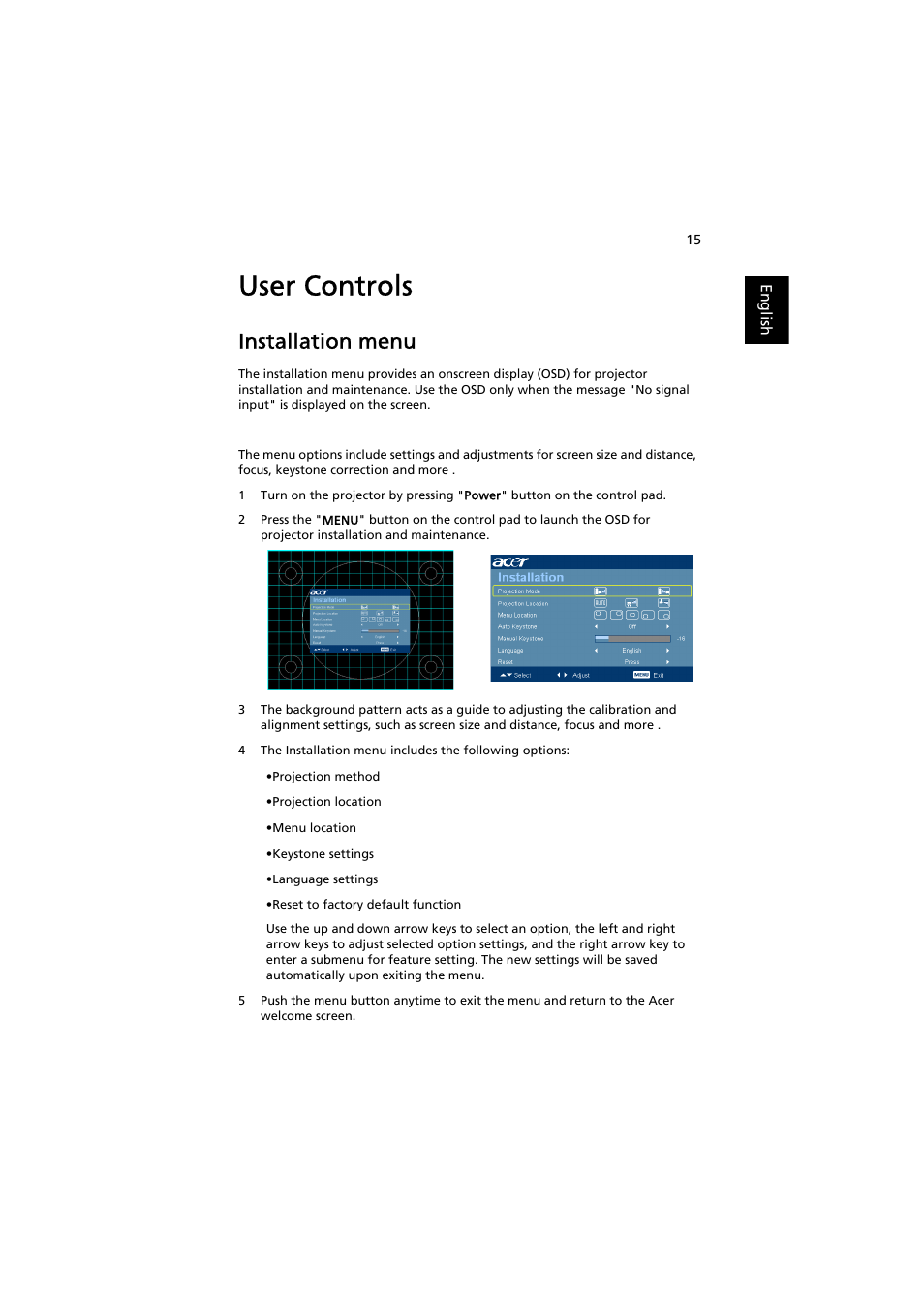 User controls, Installation menu | Acer P3251 User Manual | Page 25 / 54