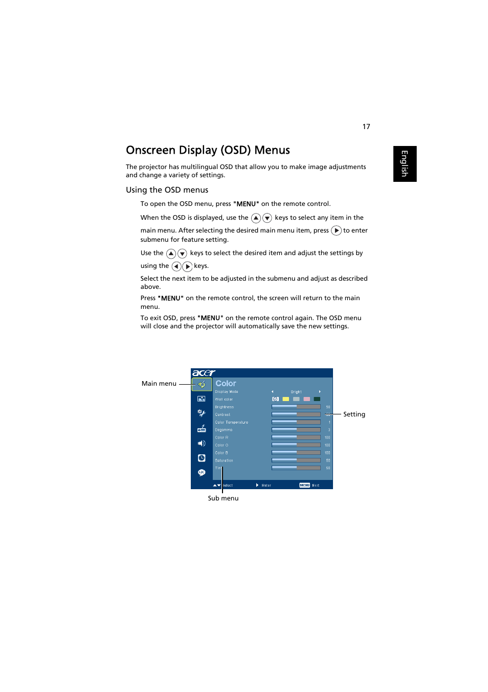 Onscreen display (osd) menus | Acer P3251 User Manual | Page 27 / 54