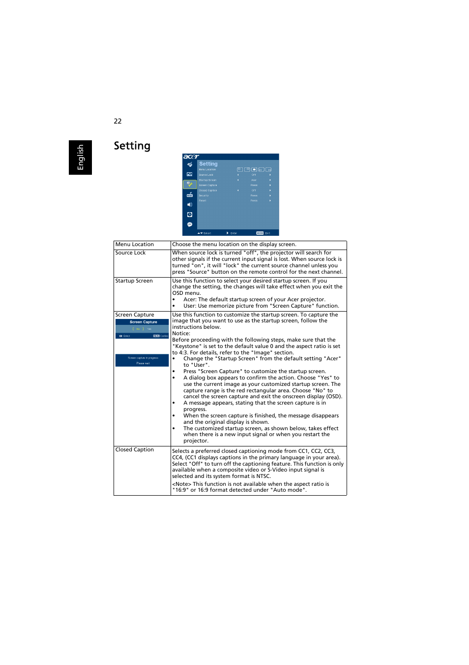 Setting, En gl ish | Acer P3251 User Manual | Page 32 / 54