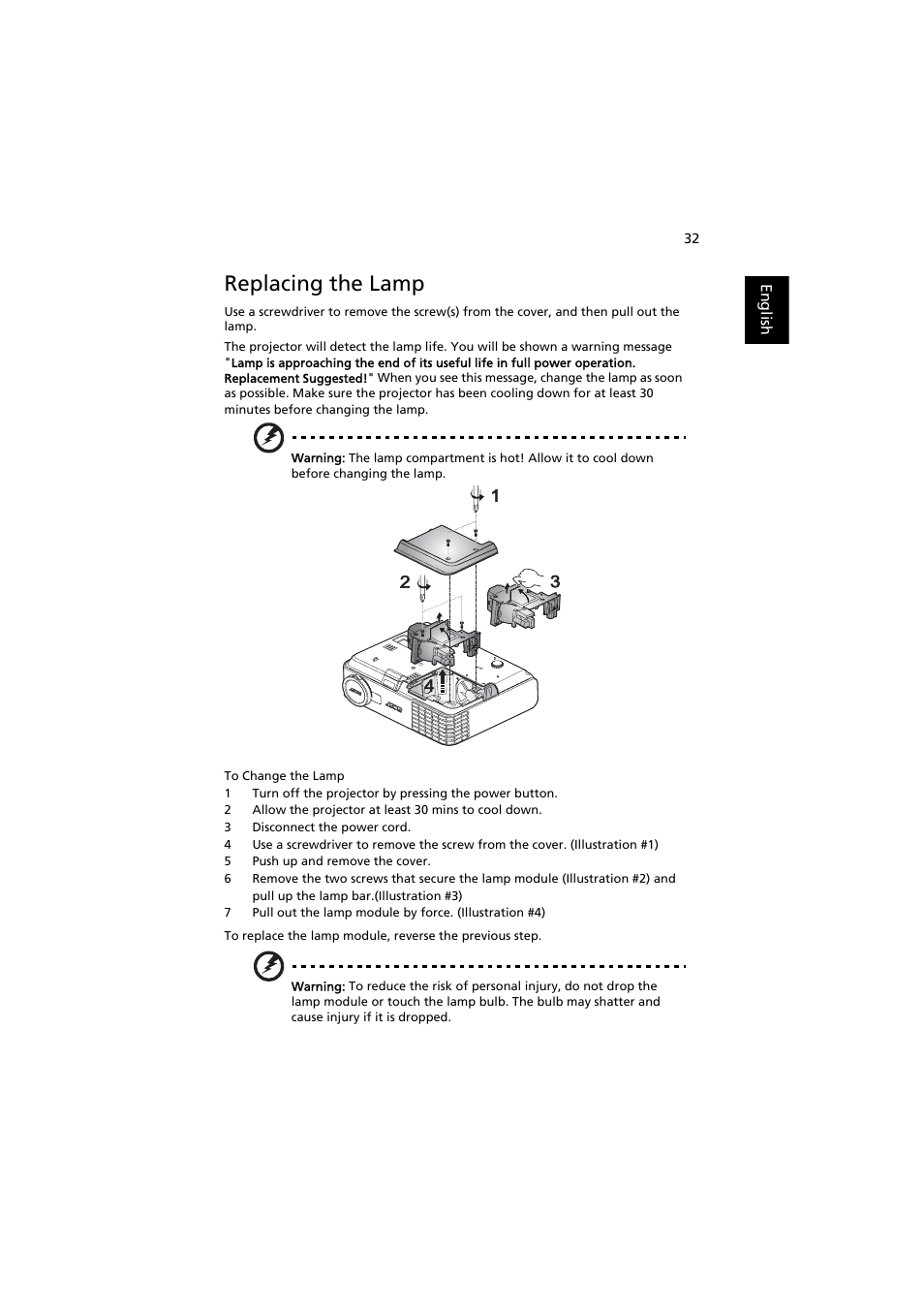 Replacing the lamp | Acer P3251 User Manual | Page 42 / 54