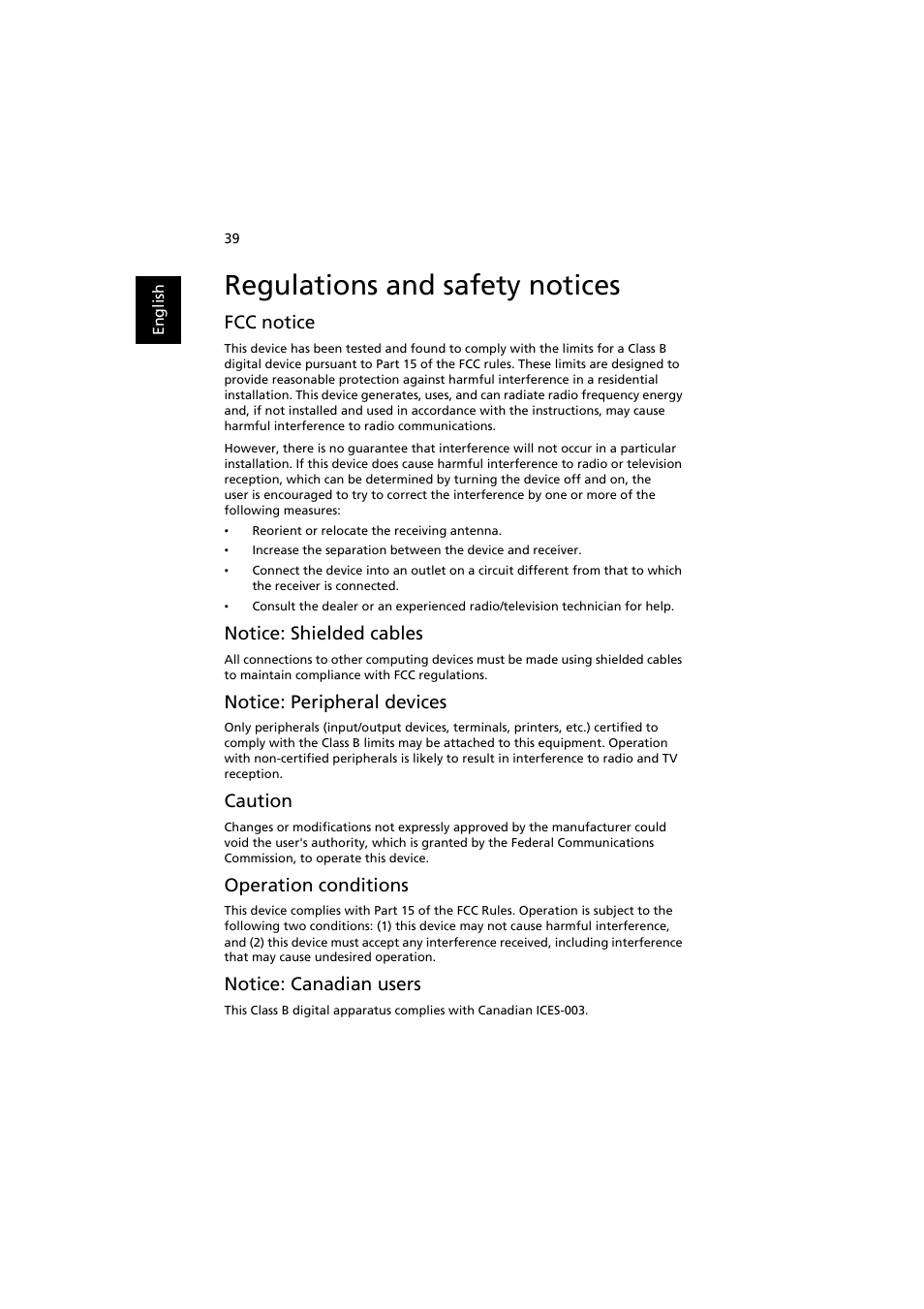 Regulations and safety notices, Fcc notice, Notice: shielded cables | Notice: peripheral devices, Caution, Operation conditions, Notice: canadian users | Acer P3251 User Manual | Page 49 / 54