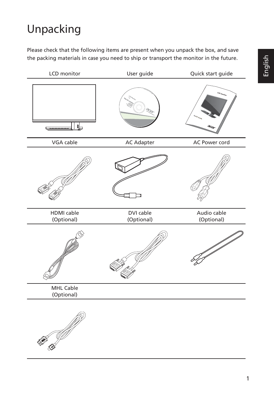 Unpacking | Acer S276HL User Manual | Page 13 / 28