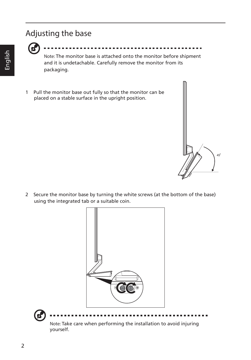 Adjusting the base, English | Acer S276HL User Manual | Page 14 / 28