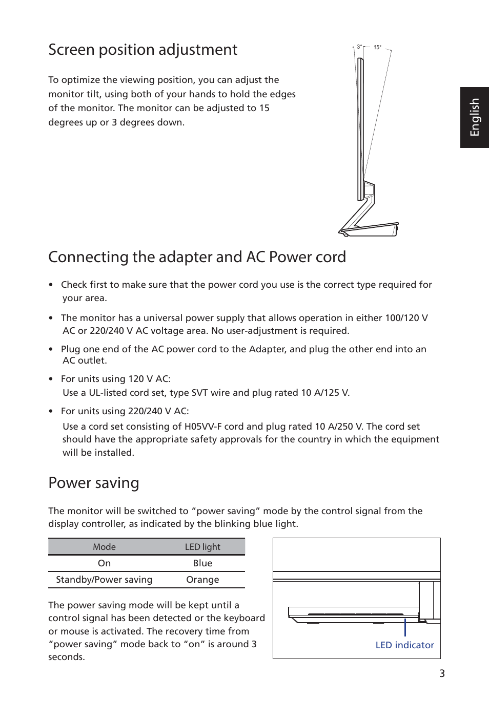 Screen position adjustment, Connecting the adapter and ac power cord, Power saving | English | Acer S276HL User Manual | Page 15 / 28