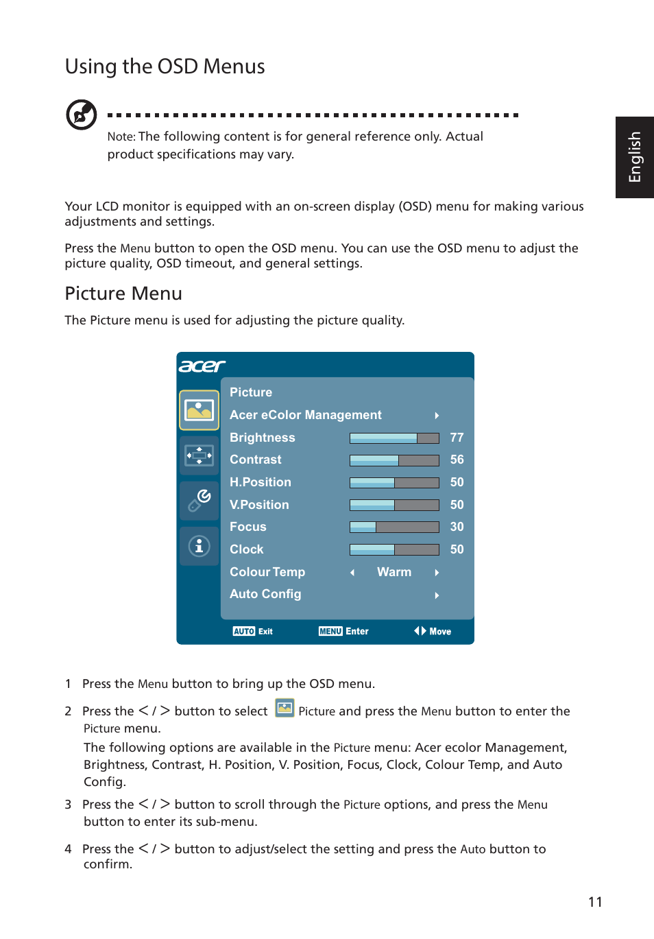 Using the osd menus, Picture menu | Acer S276HL User Manual | Page 23 / 28