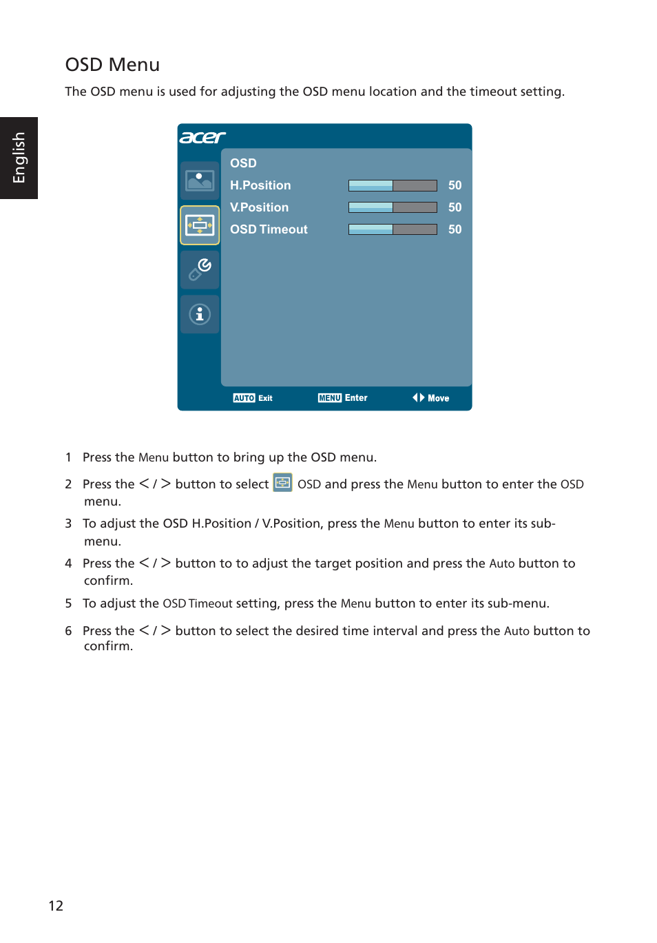 Osd menu | Acer S276HL User Manual | Page 24 / 28