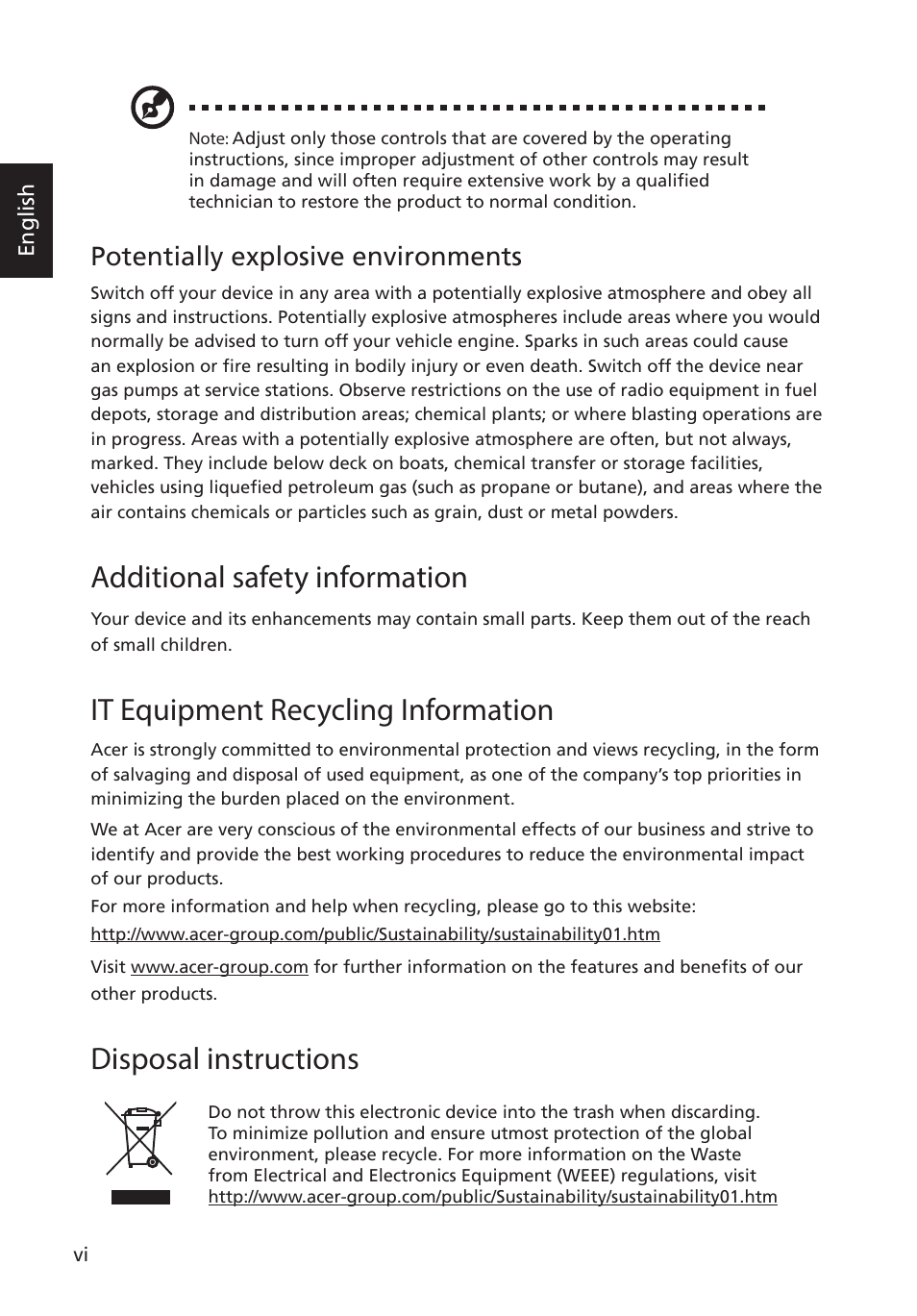 Additional safety information, It equipment recycling information, Disposal instructions | Potentially explosive environments | Acer S276HL User Manual | Page 6 / 28