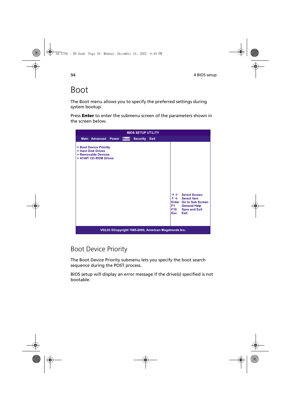 Boot, Boot device priority | Acer Altos G700 User Manual | Page 104 / 122