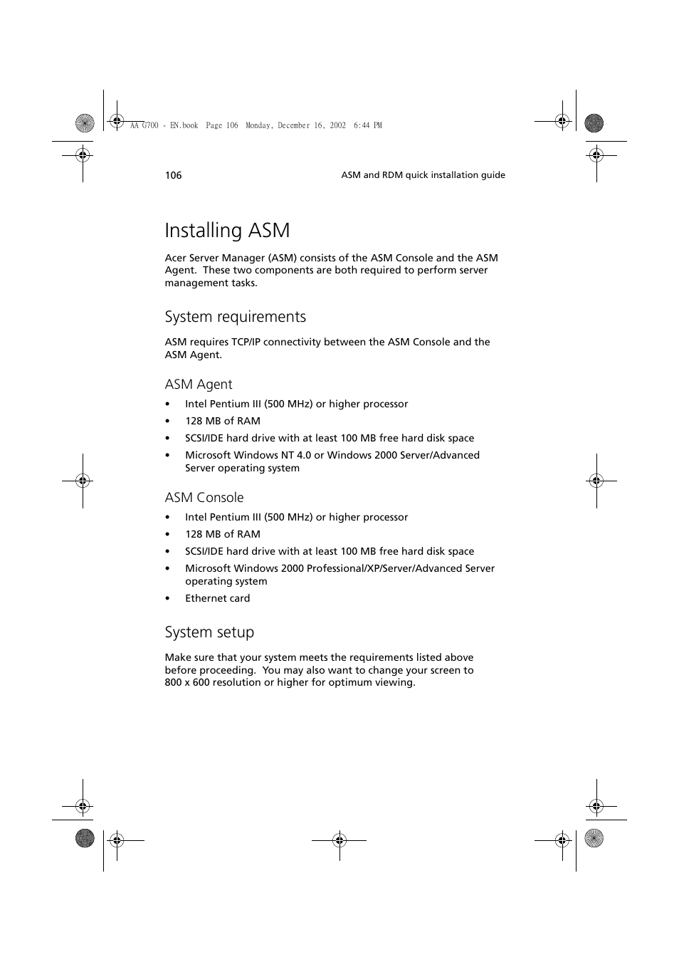 Installing asm, System requirements, System setup | Asm agent, Asm console | Acer Altos G700 User Manual | Page 116 / 122