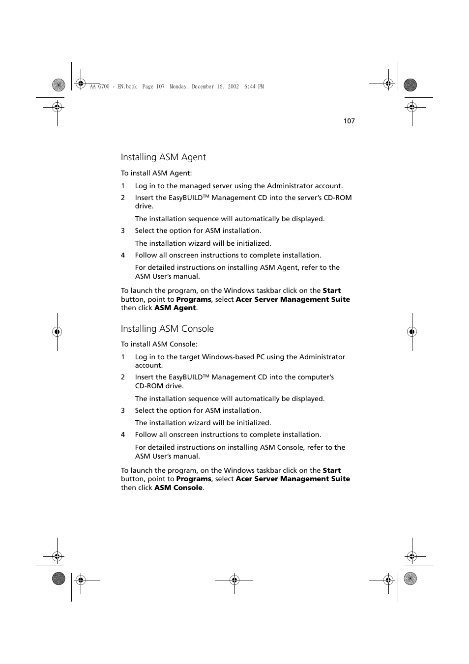 Installing asm agent, Installing asm console | Acer Altos G700 User Manual | Page 117 / 122