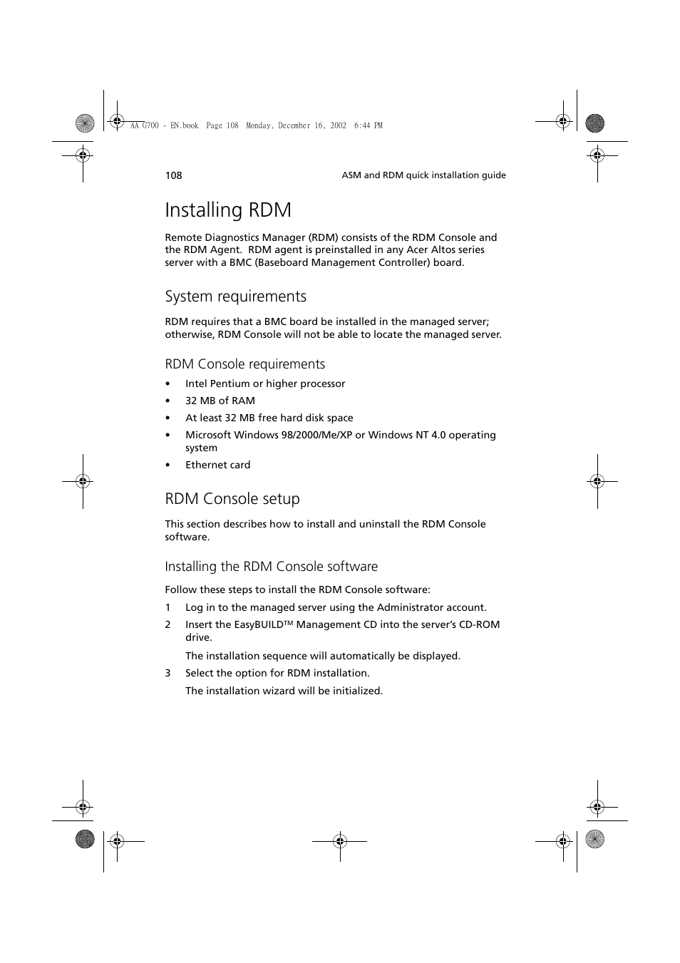 Installing rdm, System requirements, Rdm console setup | Rdm console requirements, Installing the rdm console software | Acer Altos G700 User Manual | Page 118 / 122
