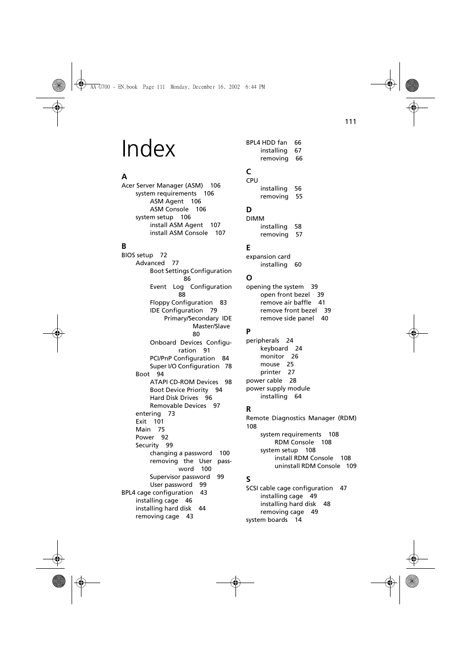 Index, Index 111 | Acer Altos G700 User Manual | Page 121 / 122