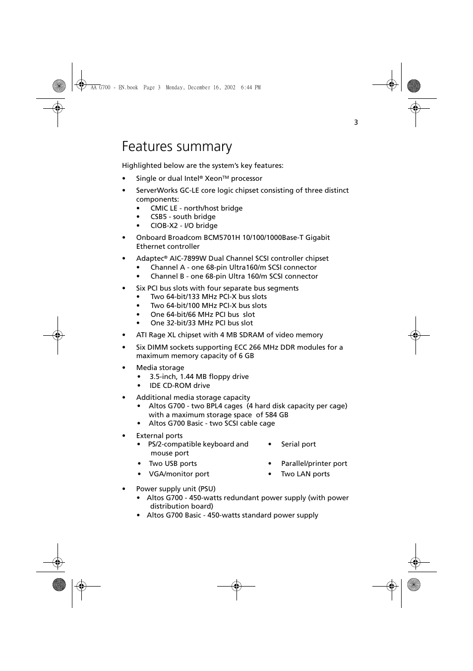 Features summary | Acer Altos G700 User Manual | Page 13 / 122