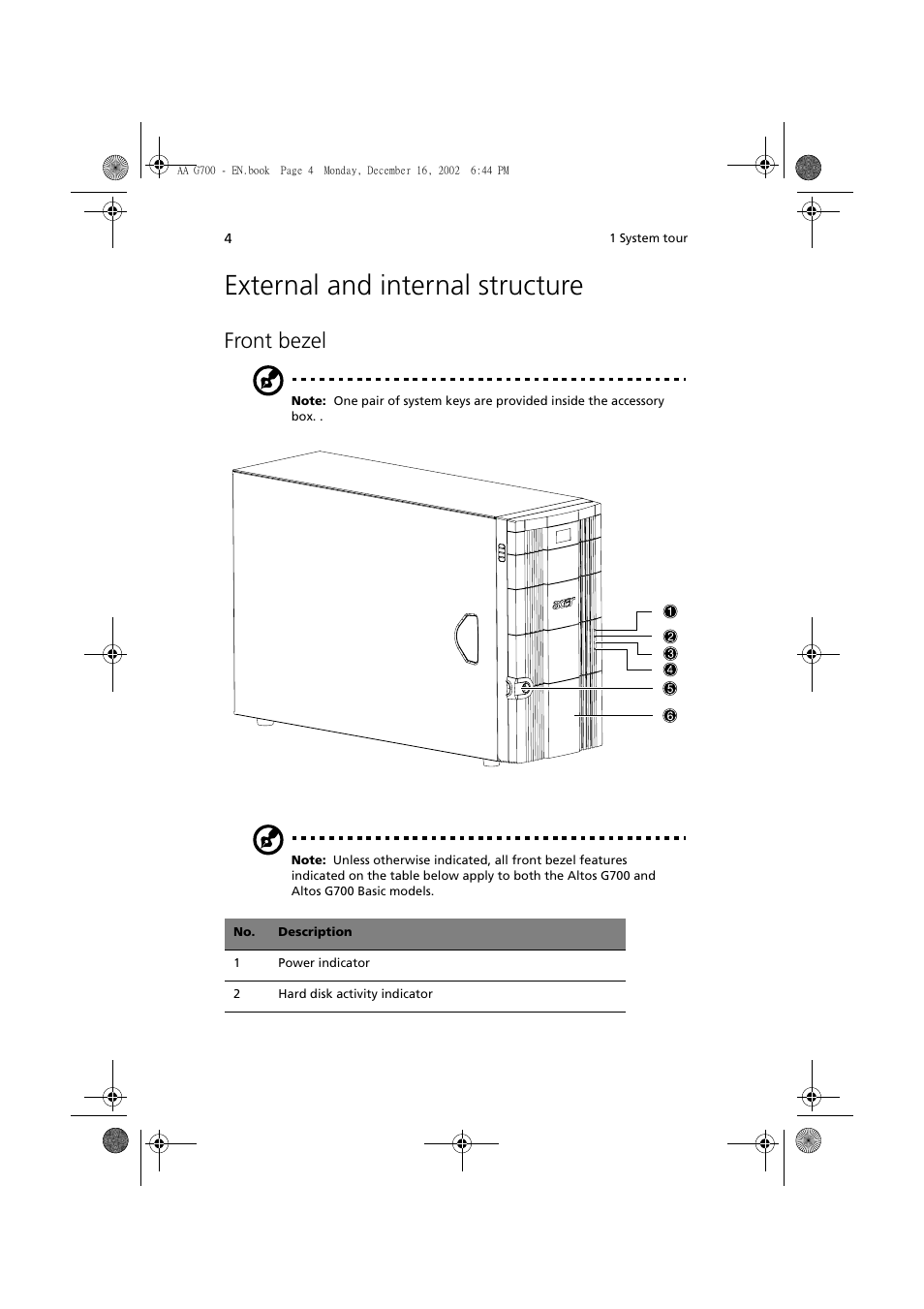 External and internal structure, Front bezel | Acer Altos G700 User Manual | Page 14 / 122