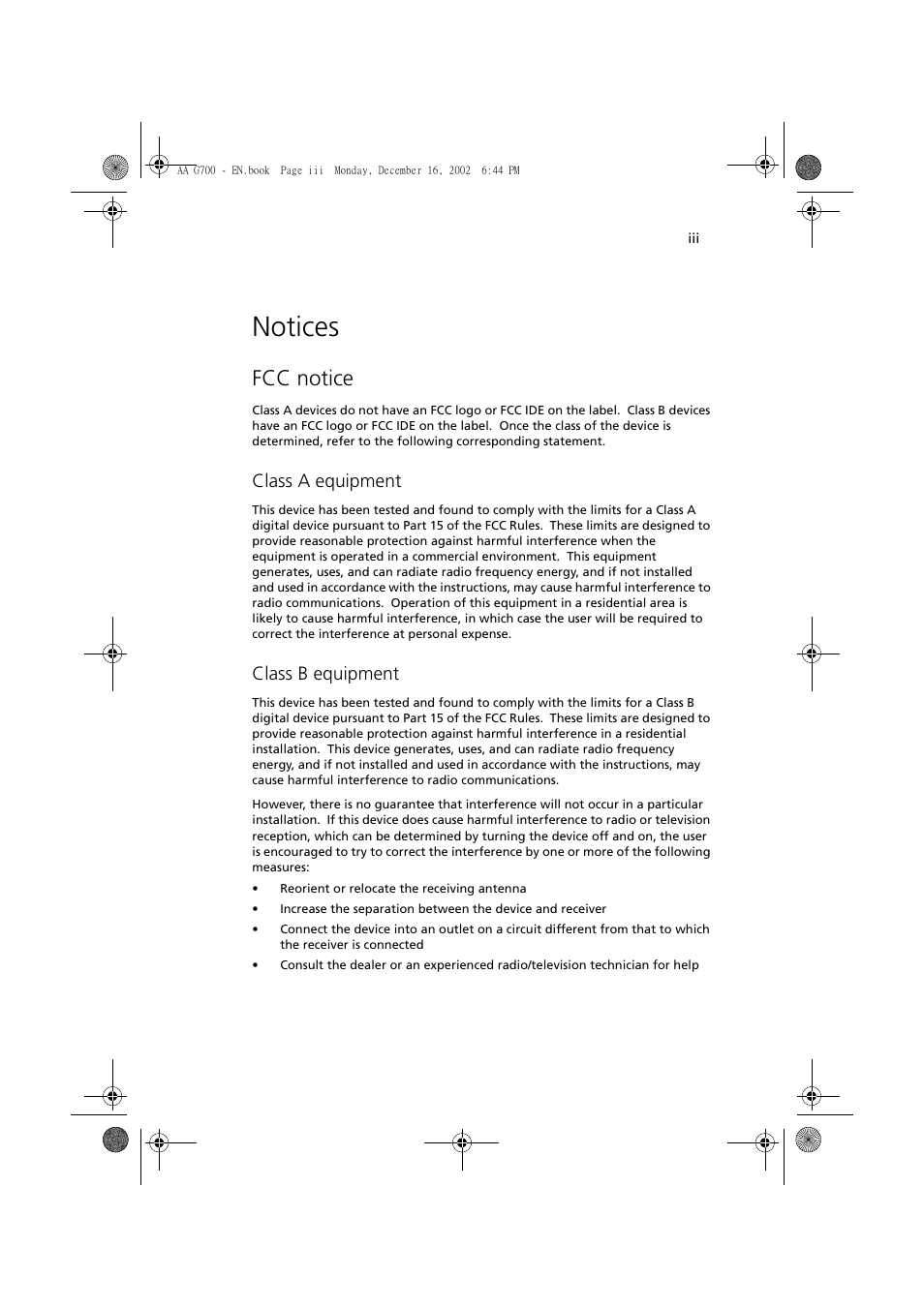 Notices, Fcc notice, Class a equipment | Class b equipment | Acer Altos G700 User Manual | Page 3 / 122