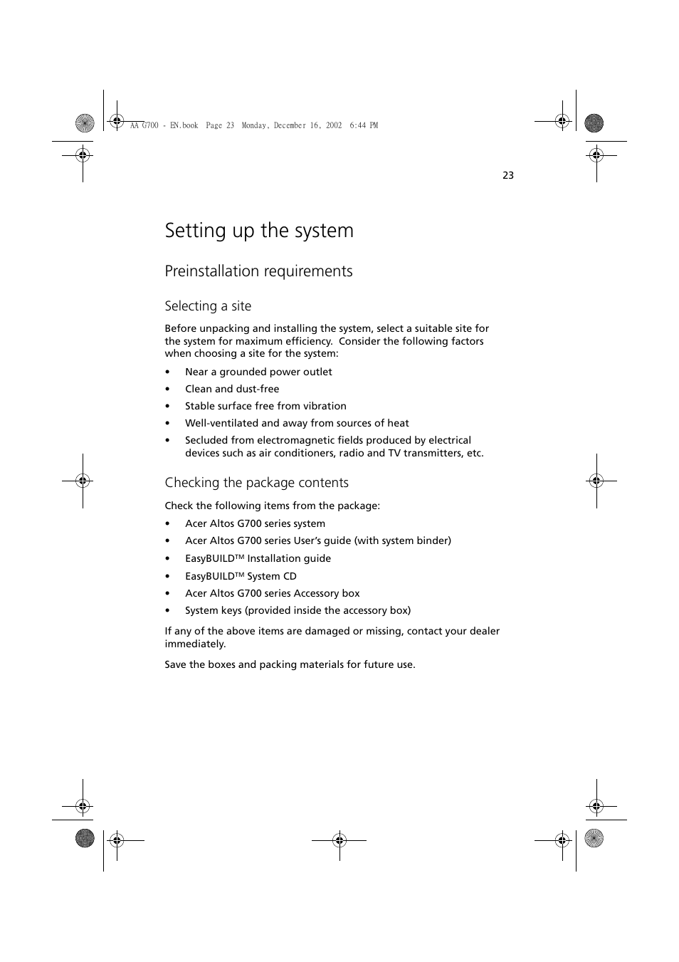 Setting up the system, Preinstallation requirements, Selecting a site | Checking the package contents | Acer Altos G700 User Manual | Page 33 / 122