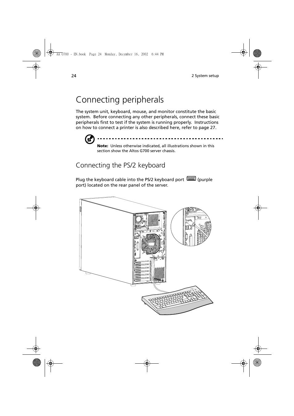 Connecting peripherals, Connecting the ps/2 keyboard | Acer Altos G700 User Manual | Page 34 / 122