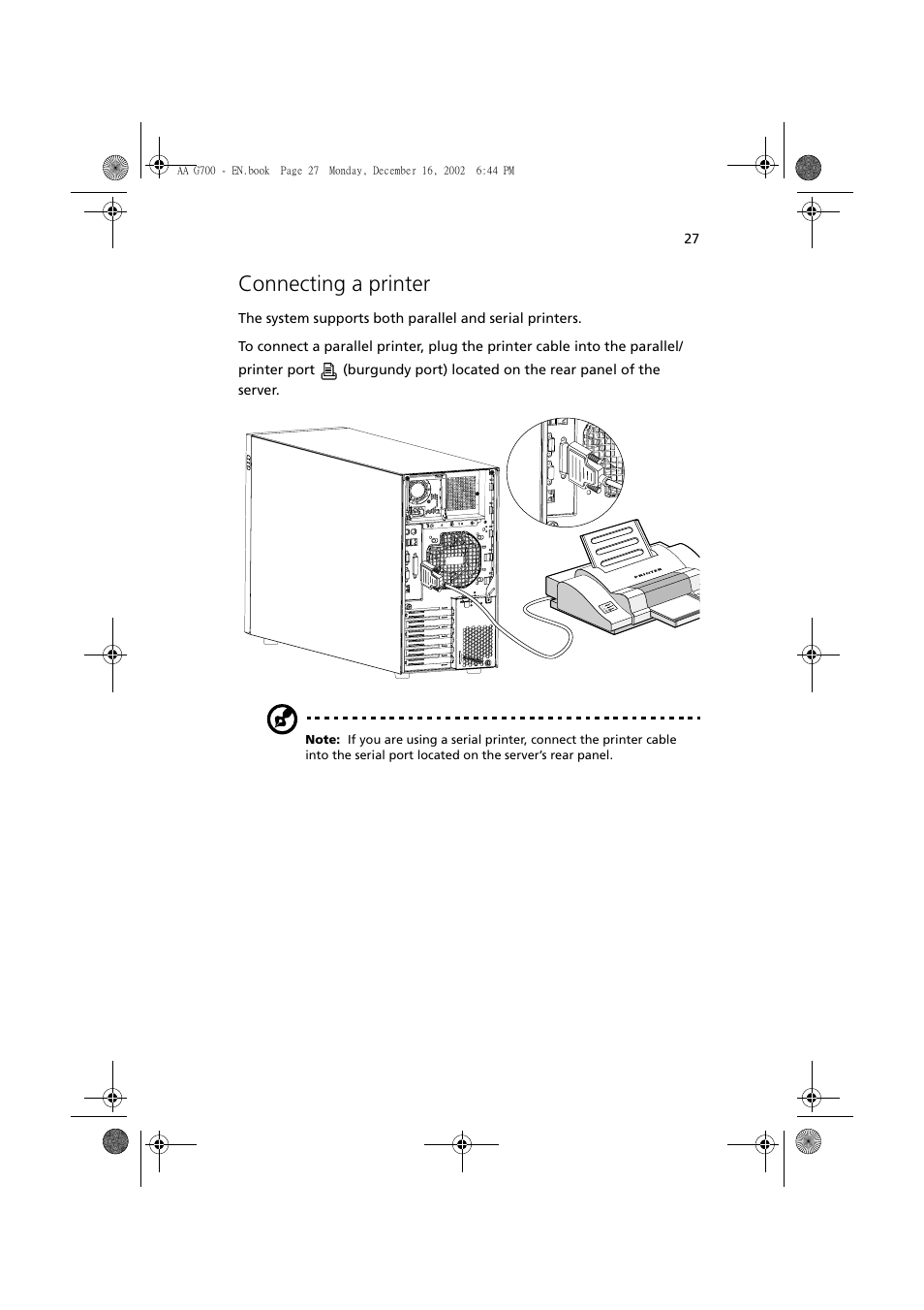 Connecting a printer | Acer Altos G700 User Manual | Page 37 / 122