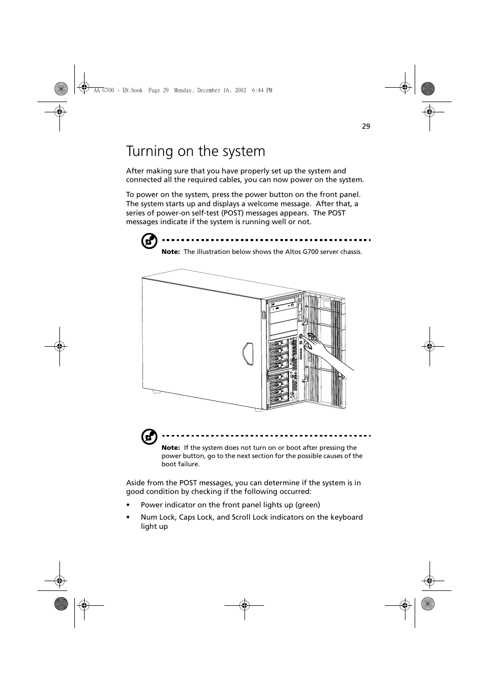 Turning on the system | Acer Altos G700 User Manual | Page 39 / 122