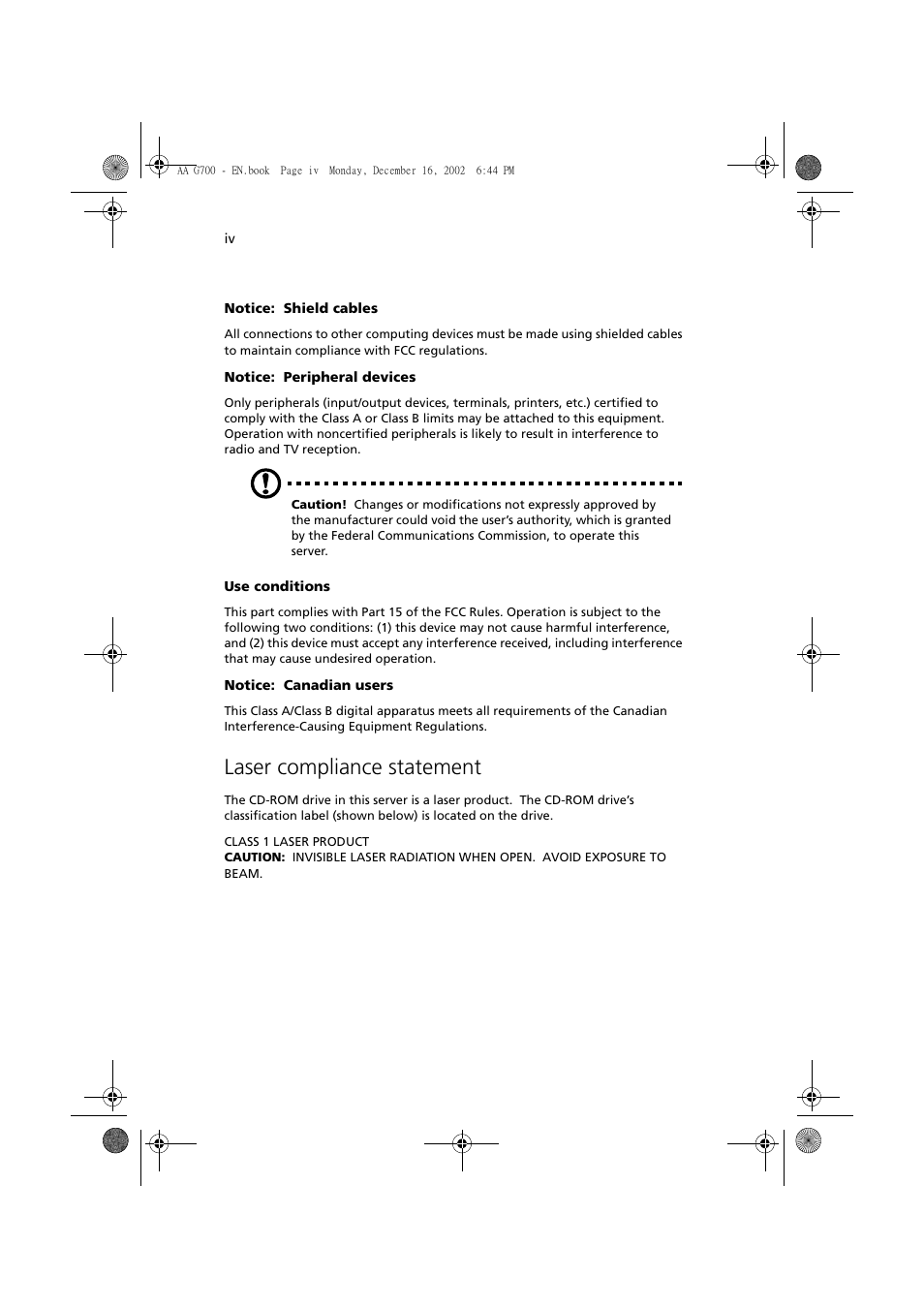 Laser compliance statement | Acer Altos G700 User Manual | Page 4 / 122