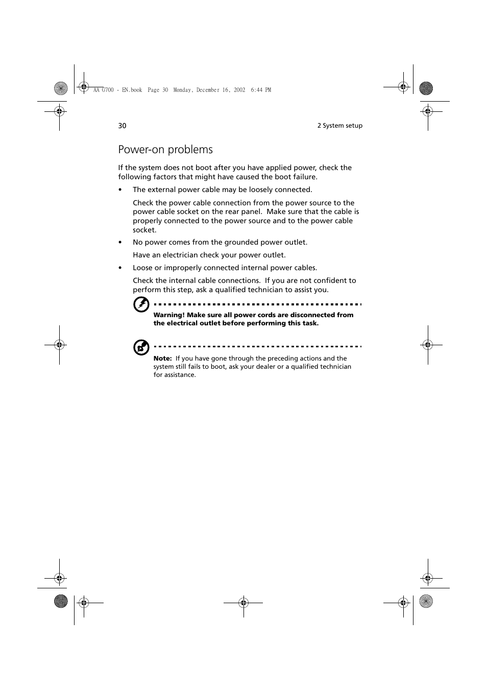 Power-on problems | Acer Altos G700 User Manual | Page 40 / 122