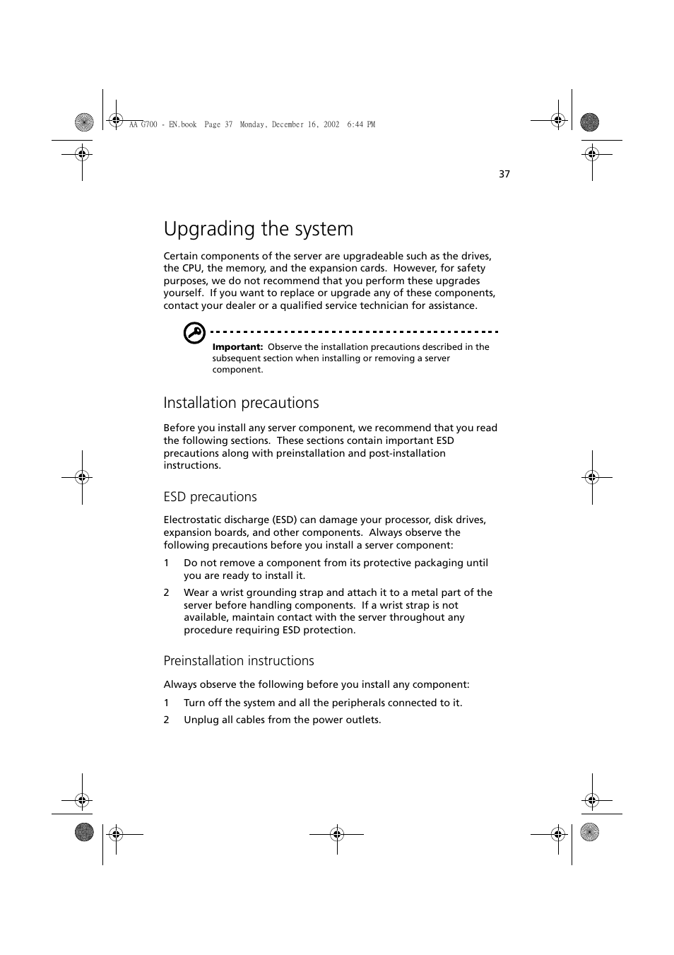 Upgrading the system, Installation precautions, Esd precautions | Preinstallation instructions | Acer Altos G700 User Manual | Page 47 / 122