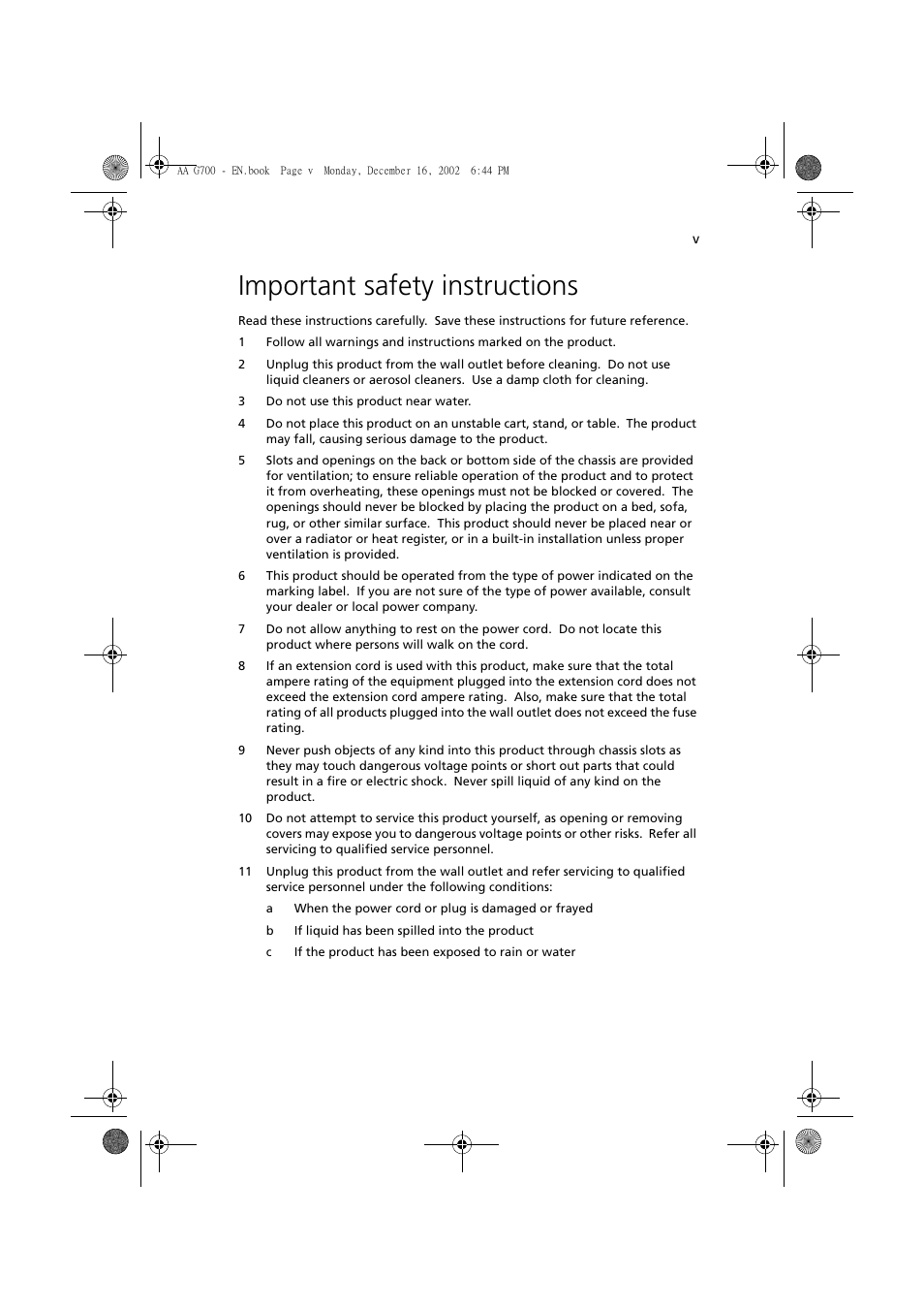 Important safety instructions | Acer Altos G700 User Manual | Page 5 / 122