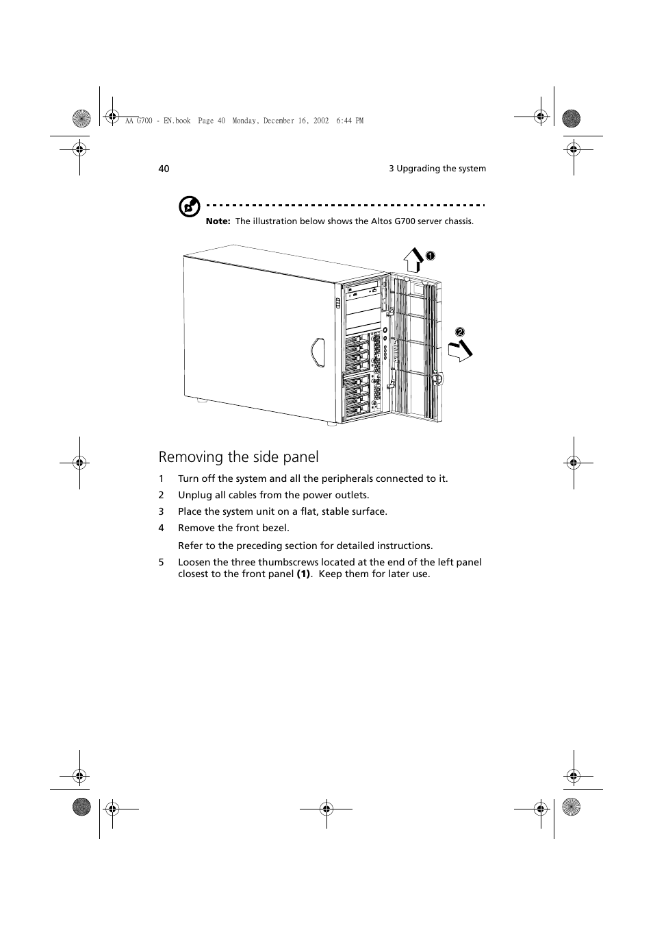 Removing the side panel | Acer Altos G700 User Manual | Page 50 / 122