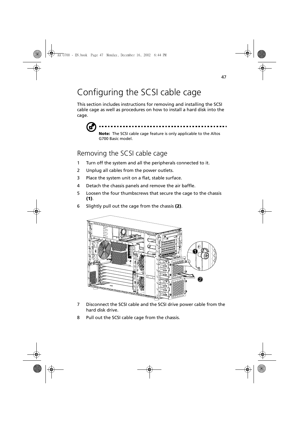 Configuring the scsi cable cage, Removing the scsi cable cage | Acer Altos G700 User Manual | Page 57 / 122