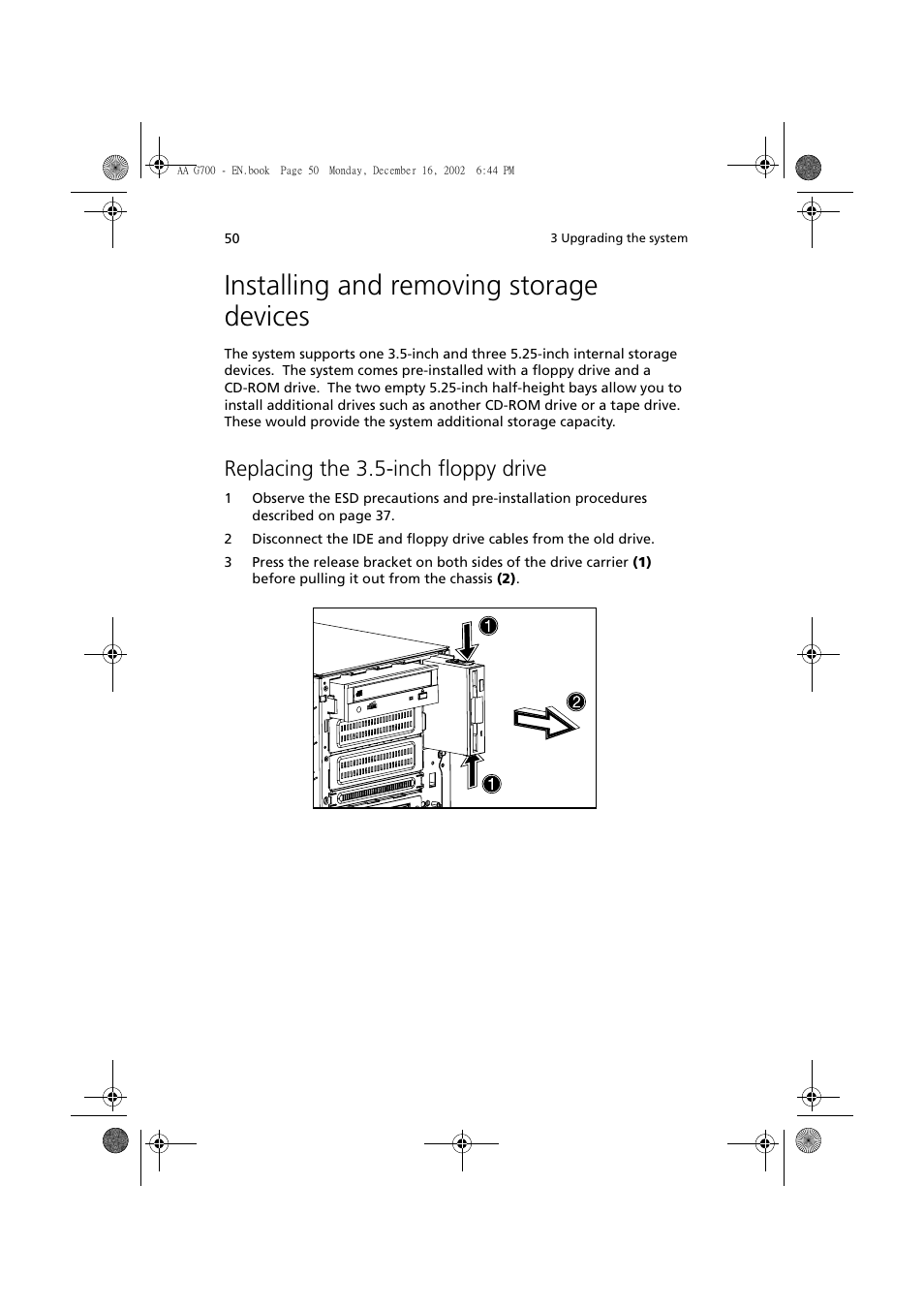 Installing and removing storage devices, Replacing the 3.5-inch floppy drive | Acer Altos G700 User Manual | Page 60 / 122